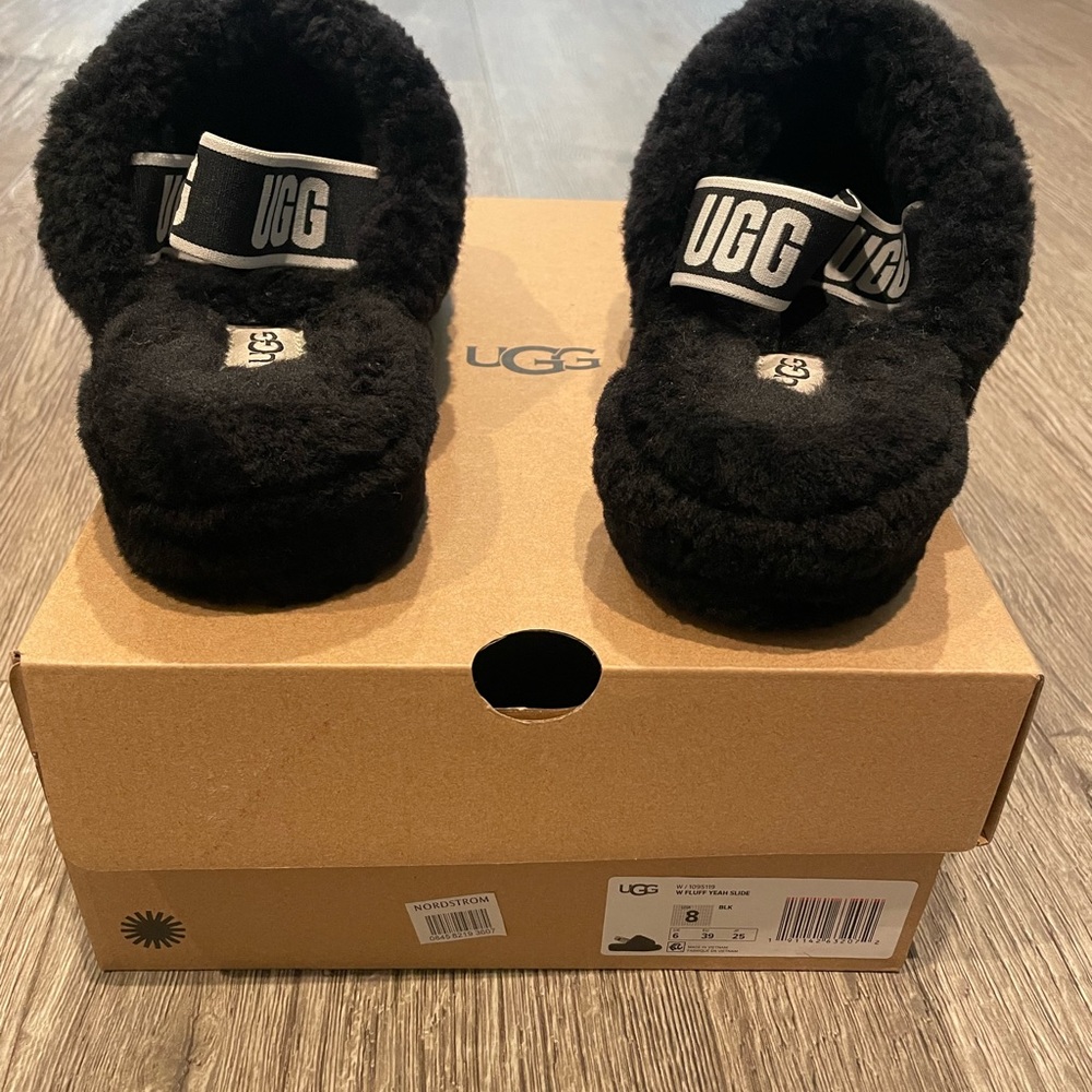 Black UGG slippers.